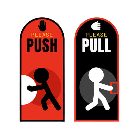 A set of two vertical door signs, one red for 'Push' and one black for 'Pull', each featuring a simple stick figure demonstrating the action.のイラスト素材