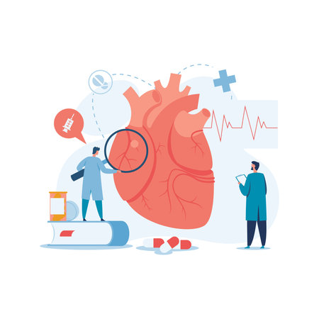 Two doctors examining a large human heart with medical tools and equipment, symbolizing cardiovascular research and health.のイラスト素材