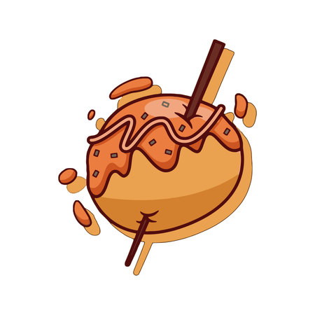 A vibrant illustration of a single takoyaki ball, drizzled with sauce and sprinkled with toppings, pierced by two skewers.のイラスト素材