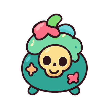 A charming cartoon illustration of a cauldron adorned with a friendly skull, bubbling with a vibrant, colorful potion.のイラスト素材