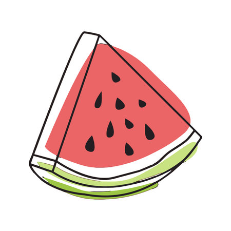 A hand-drawn doodle illustration of a single slice of watermelon with seeds, featuring a red flesh and green rind.のイラスト素材