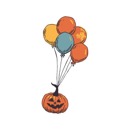 A hand-drawn illustration of a smiling Jack-o'-lantern holding a bunch of colorful balloons, isolated on a white background.のイラスト素材