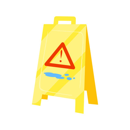 Yellow caution sign with warning symbol and wet floor indicationのイラスト素材