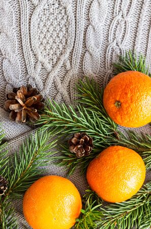 Clementines, fir branches, cones and gray knitted pullover. Winter comfort concept.の写真素材