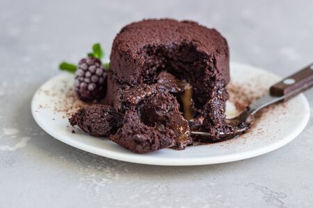 Warm dessert chocolate fondant with ice cream, mint and blackberry on the white plate. Lava cake...
