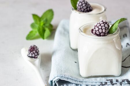 Two glass jars of organic probiotic yogurt with mint and berries drink on a gray slate background. Healthy meal, natural fermented milk product.の写真素材