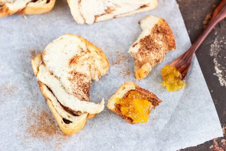 Slices of homemade cinnamon babka or swirl brioche bread. Cinnamon roll bread. Povitica: traditional...