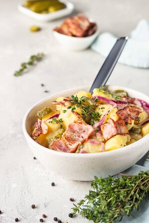 Traditional German potato salad with cucumber, onion and bacon prepared in Swabian-Style (Southern Germany). Kartoffelsalat.の写真素材