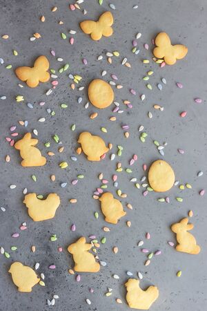 Easter cookies with multi-colored sprinkles, gray stone background. Homemade butter and sugar cookies.の写真素材