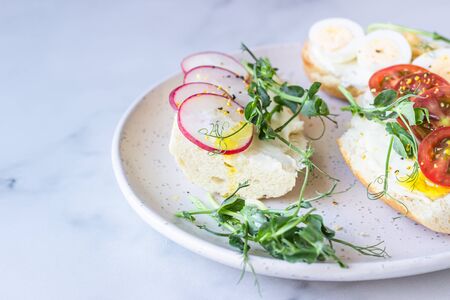 Breakfast sandwiches with cream cheese, quail eggs, tomatoes, radish and micro green on a ceramic...