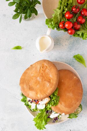 Pita bread sandwiches with grilled chicken, tomato, cucumber, lettuce and sauce served on ceramic plate over grey stone background. Healthy fast food.の写真素材