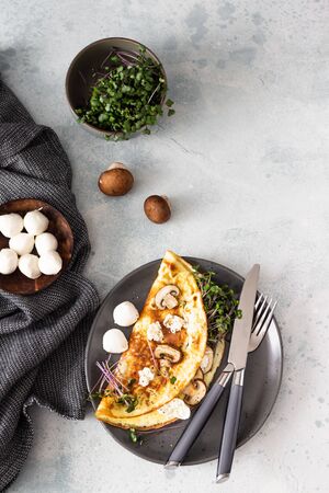 Homemade omelette with mushroom, mozzarella and microgreens on plate. Healthy food concept.の写真素材
