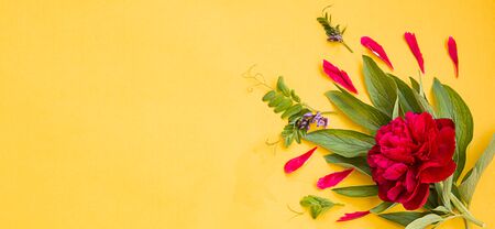 Magenta peony and wildflowers on yellow paper background with copy space. Flat lay composition.の写真素材