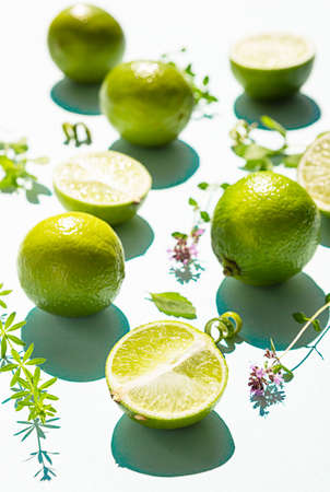 Composition with summer tropical fruits with lime, mint and aromatic herbs on pastel green background. Food concept. Close up.の写真素材