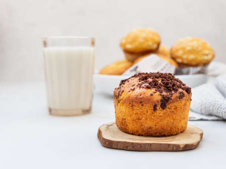 Vanilla muffins and muffins with streusel in paper cups with a glass of milk on light background....