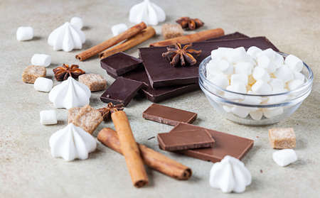 Dark and milk chocolate bar pieces, spices, brown sugar, meringue and marshmallow on concrete background. Sweet food photo concept.の写真素材