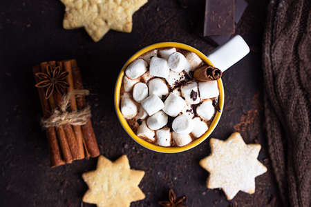 Two white ceramic cups with hot cocoa or chocolate with marshmallow and anise, cinnamon and bitter...