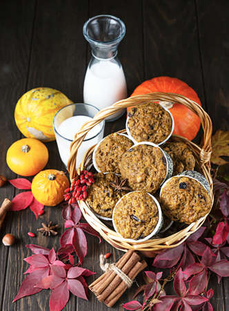 Homemade pumpkin spicy muffins with nuts and raisin, pumpkins and spices on rustic background. Autumn and winter baking.の写真素材