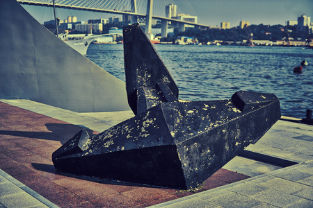 A ship anchor on the shore of the Bay near the monument to the discoveriesの写真素材