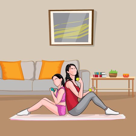 mother and daughter yoga in homeのイラスト素材