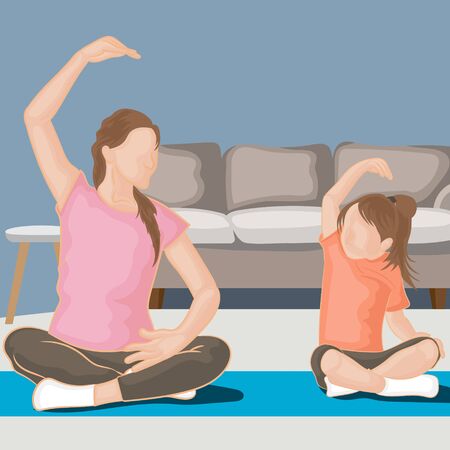 mother and daughter doing yoga in a very happy homeのイラスト素材