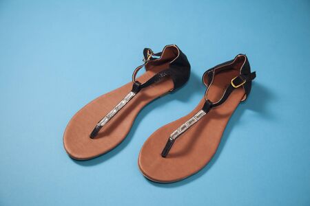 A pair of girl`s black flip flopsの写真素材