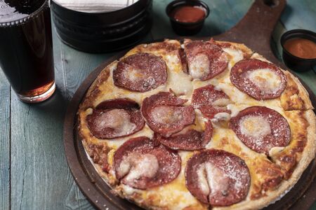 Pepperoni pizza from top viewの写真素材