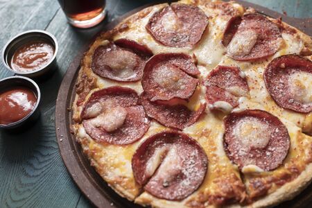 Pepperoni pizza from top viewの写真素材