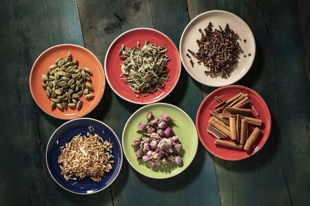 colorful kinds of fruits, flowers and herbs for teaの写真素材