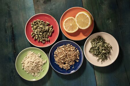 colorful kinds of fruits, flowers and herbs for teaの写真素材