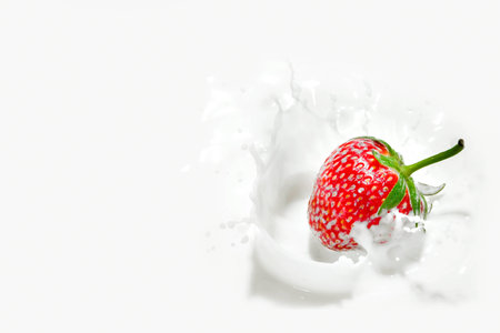 red strawberry splashing milkの写真素材
