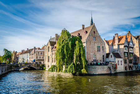 Scenery with water canal in Bruges, "Venice of the North", cityscape of Flanders, Belgiumのeditorial素材