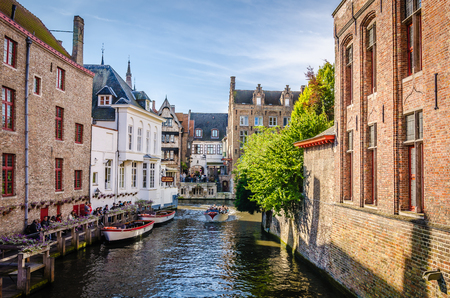 Scenery with water canal in Bruges, "Venice of the North", cityscape of Flanders, Belgiumのeditorial素材