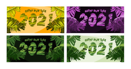 2021 Happy new year greeting banner. Happy New Year 2021 New Year with the theme of tropical and leaves illustration in vectorの写真素材