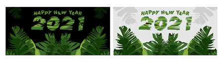 2021 Happy new year greeting banner. Happy New Year 2021 New Year with the theme of tropical and leaves illustration in vectorの写真素材