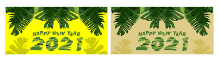 2021 Happy new year greeting banner. Happy New Year 2021 New Year with the theme of tropical and leaves illustration in vectorの写真素材