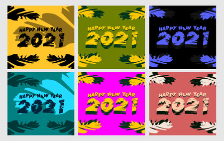 2021 Happy new year greeting banner. Happy New Year 2021 New Year with the theme of tropical and leaves illustration in vectorのイラスト素材