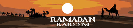 Ramadan Kareem. Camels and Date trees and Mosque in the desert. Vector illustrationのイラスト素材