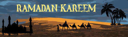 Ramadan Kareem. Camels and Date trees and Mosque in the desert. Vector illustrationのイラスト素材