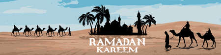 Ramadan Kareem. Camels and Date trees and Mosque in the desert. Vector illustrationのイラスト素材