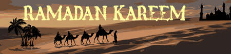 Ramadan Kareem. Camels and Date trees and Mosque in the desert. Vector illustrationのイラスト素材