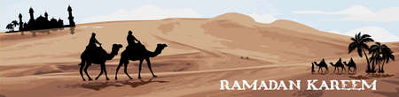 Ramadan Kareem. Camels and Date trees and Mosque in the desert. Vector illustrationのイラスト素材