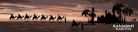 Ramadan Kareem. Camels and Date trees and Mosque in the desert. Vector illustrationのイラスト素材