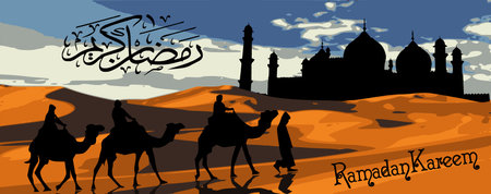 Ramadan Kareem. Camels and Date trees and Mosque in the desert. Vector illustrationのイラスト素材