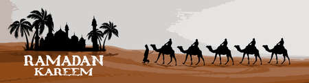 Ramadan Kareem. Camels and Date trees and Mosque in the desert. Vector illustrationのイラスト素材