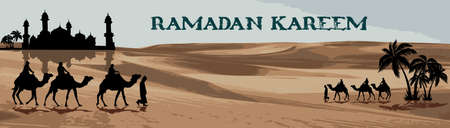 Ramadan Kareem. Camels and Date trees and Mosque in the desert. Vector illustrationのイラスト素材