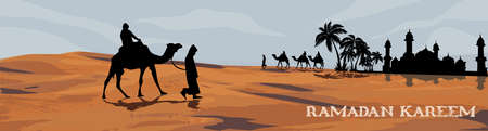 Ramadan Kareem. Camels and Date trees and Mosque in the desert. Vector illustrationのイラスト素材