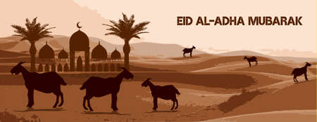 Design eid al adha mubarak banner with desert, sheep, goat, Lamb and date palm Vectorのイラスト素材