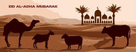 Design eid al adha mubarak banner with desert, sheep, goat, Lamb and date palm Vectorのイラスト素材