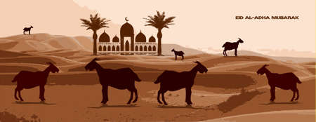 Design eid al adha mubarak banner with desert, sheep, goat, Lamb and date palm Vectorのイラスト素材